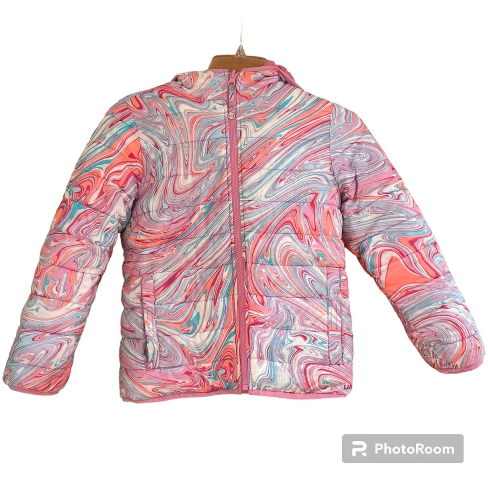 Lands End Girls Medium Reversible Insulated Fleece Jacket Rose Multi Rainbow